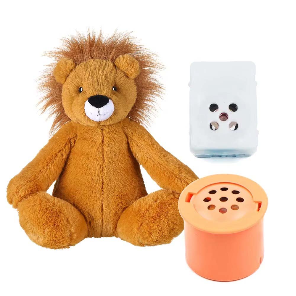 Lion plush toy with a fluffy mane shown alongside removable sound recorder modules, including a white voice box and an orange sound module, on a white background