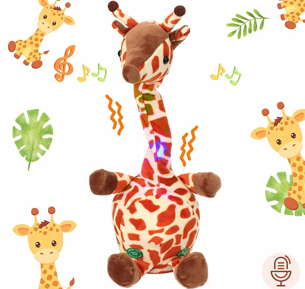 Interactive giraffe stuffed animal with a long neck, soft plush body, and built-in LED lights, designed to play music and respond to touch, displayed on a playful safari-themed background.