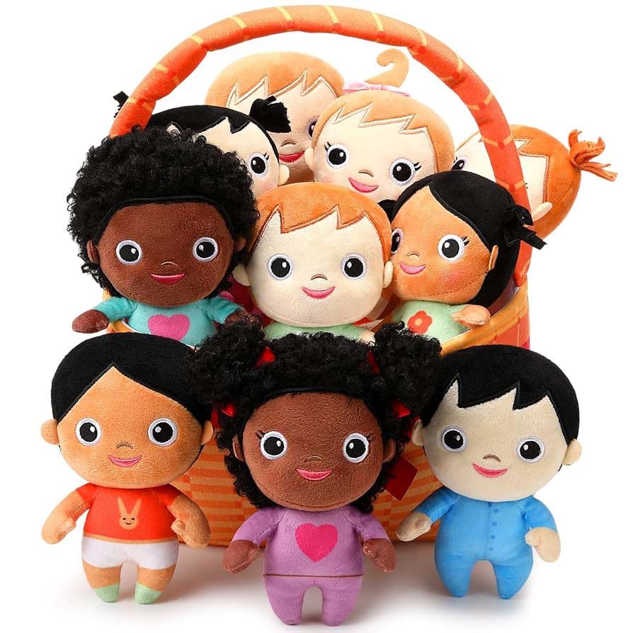 A basket filled with diverse plush doll characters representing children with different skin tones, hairstyles, and colorful outfits, designed with friendly faces and soft textures