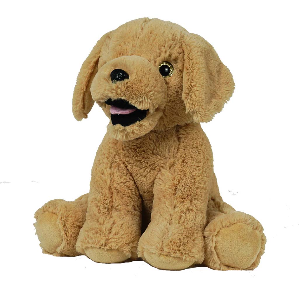 Soft plush puppy dog toy in light brown color, sitting upright with floppy ears, embroidered nose, and open mouth detail.