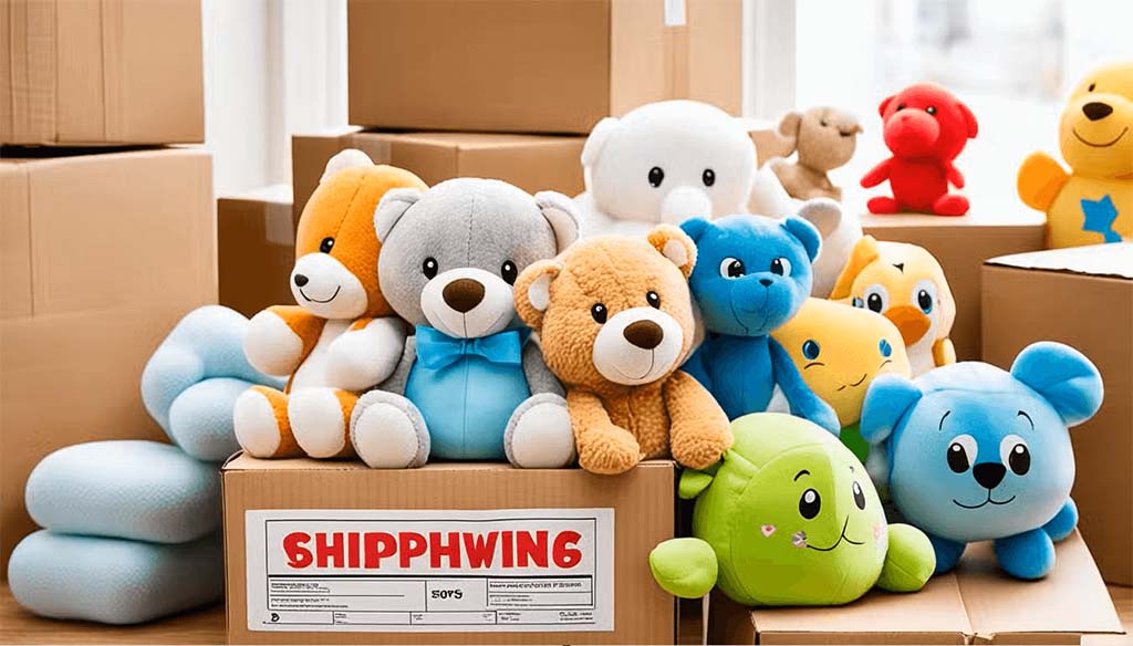 A group of colorful stuffed animal toys arranged on cardboard boxes labeled for shipping, representing packaged plush toys prepared for delivery.