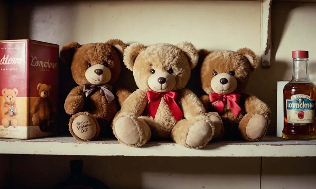 Three classic teddy bears sitting side by side on a wooden shelf, each with soft brown fur and ribbon bows, displayed alongside vintage-style boxes and bottles.