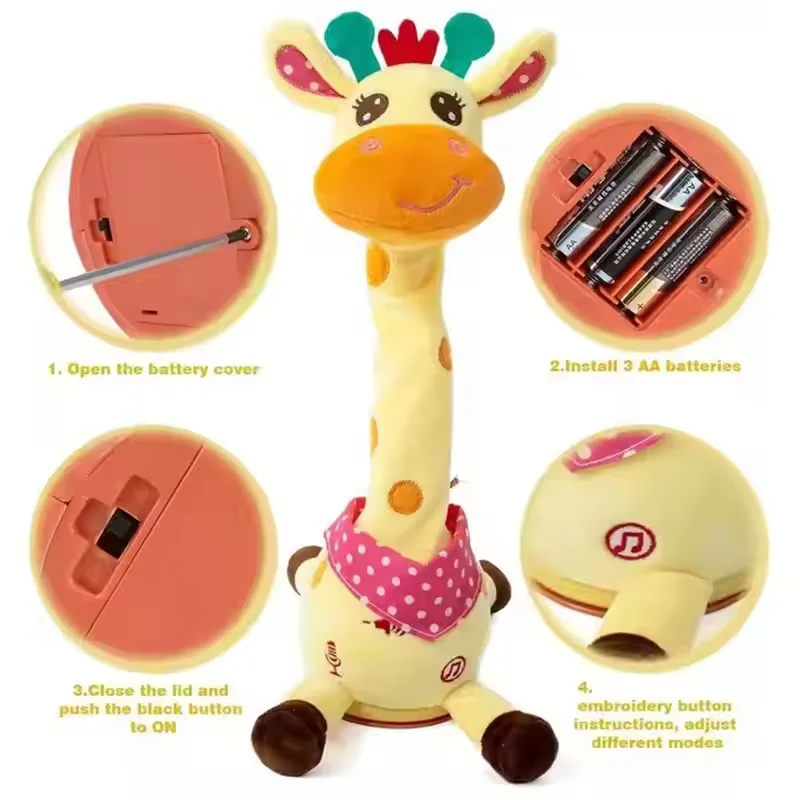 Interactive giraffe plush toy with battery compartment shown, including steps for opening the cover, inserting AA batteries, switching on, and using an embroidered control button.