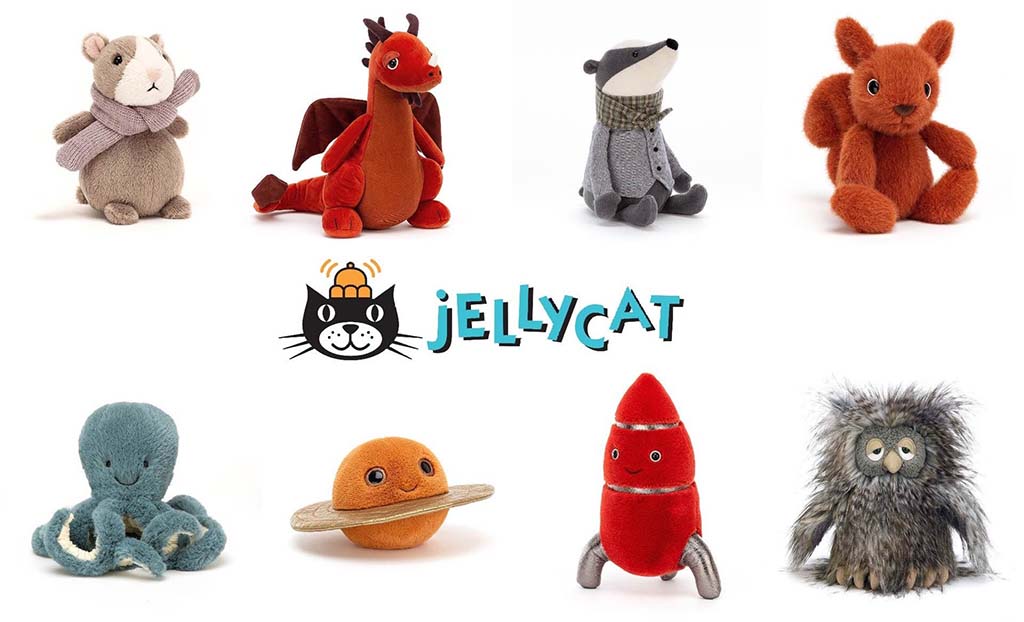 A collage of assorted Jellycat plush toys including a hamster, red dragon, badger, squirrel, octopus, Saturn planet plush, red rocket, and fuzzy owl displayed with the Jellycat logo in the center on a white background.