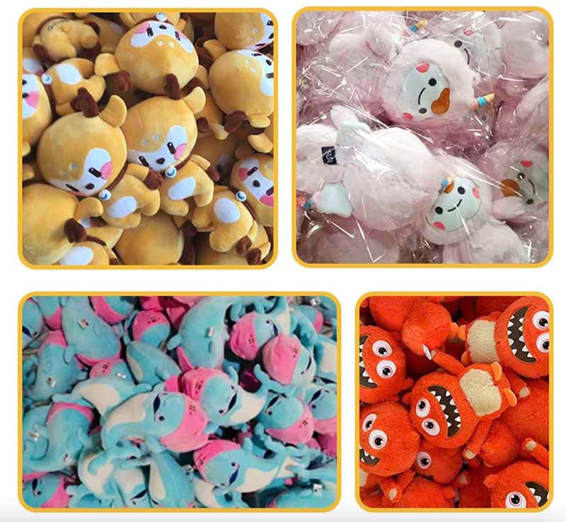 Bulk custom plush toys in mass production, showing assorted animal character stuffed toys in multiple colors and styles, including packed and unpacked units, highlighting OEM plush manufacturing, large-scale production capability, and factory wholesale plush toy supply.