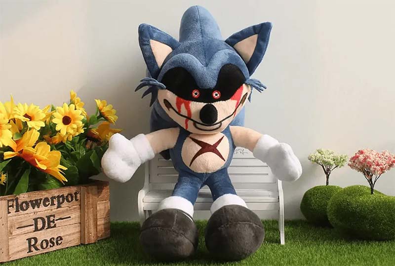 Stylized hedgehog character plush toy with exaggerated facial expression, contrasting eye detailing, stitched mouth graphics, and bold chest emblem, featuring soft velour and short-pile plush fabrics, sculpted head shape, reinforced limb construction, and balanced stuffing, demonstrating advanced character plush pattern control, expressive design translation, and OEM plush manufacturing capabilities for entertainment and collector markets.