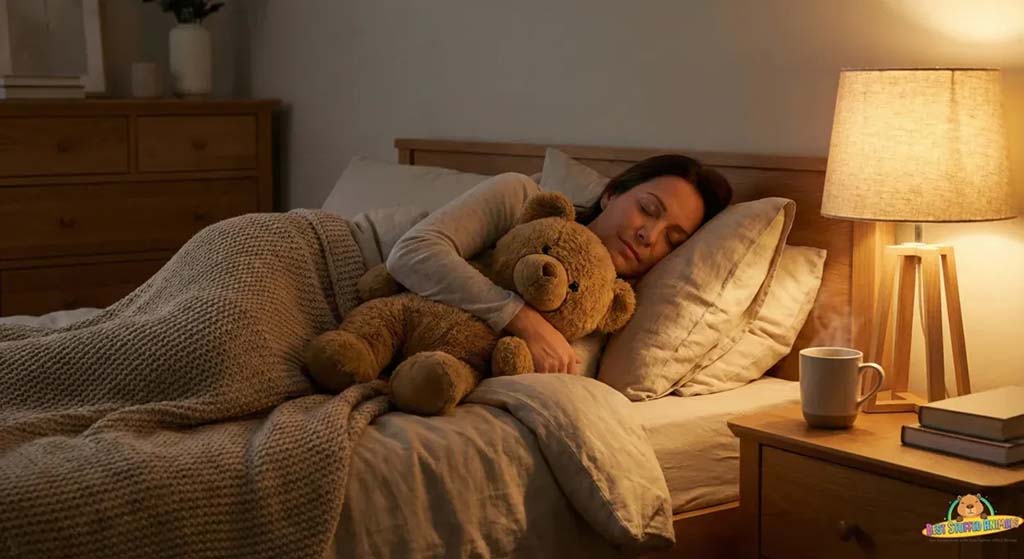 Adult woman sleeping peacefully in bed while cuddling a teddy bear, illustrating emotional comfort, relaxation, and the calming role of plush toys during sleep.