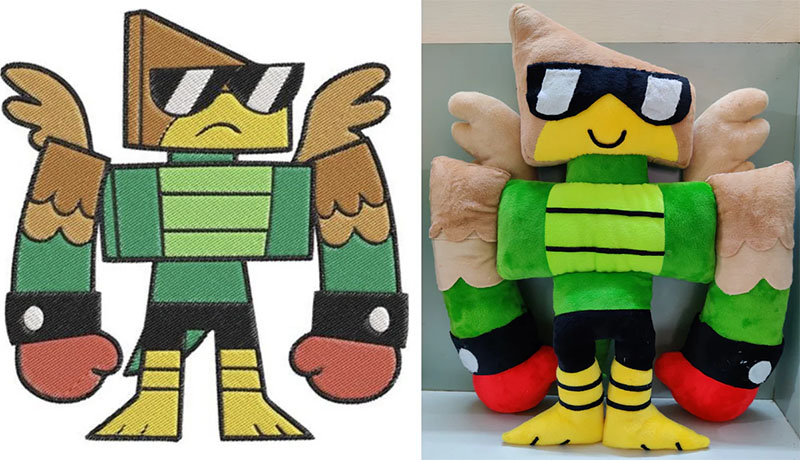 Side-by-side comparison showing a flat graphic character illustration and the finished custom plush toy version, demonstrating the transformation from 2D artwork into a fully produced stuffed toy with matching colors, shapes, embroidery details, and three-dimensional structure.