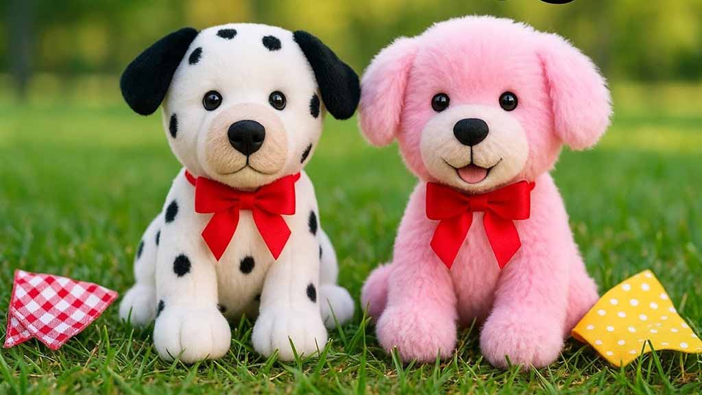 Two plush puppies, a spotted Dalmatian and a pink dog, sit on grass wearing red bows with small patterned cloth accessories beside them.