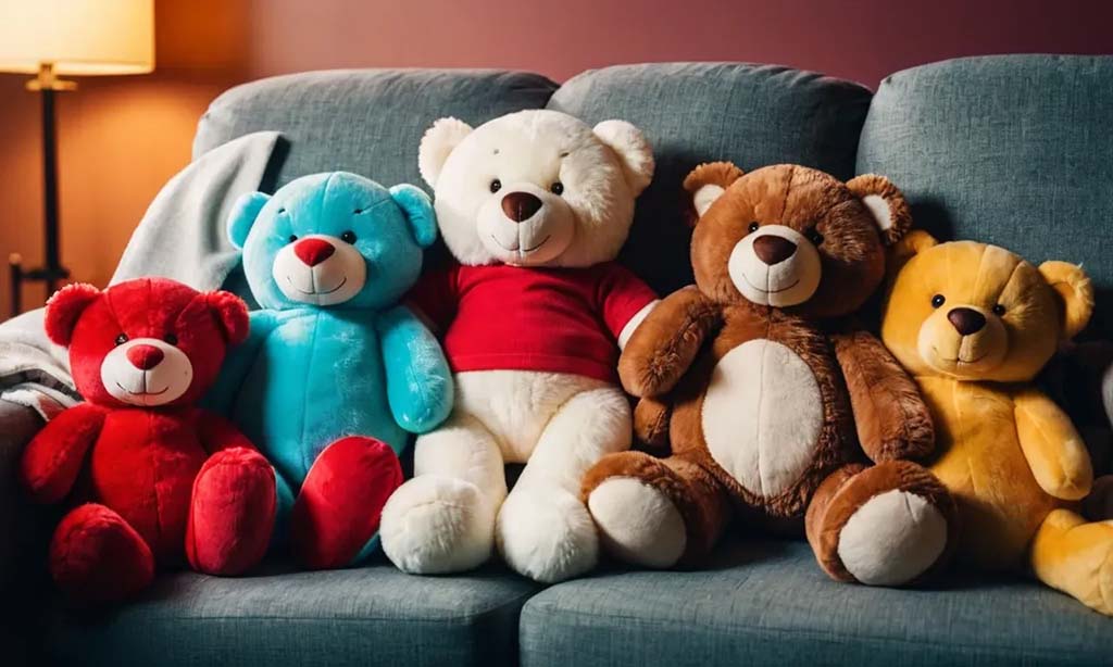 Five colorful teddy bear plush toys sitting side by side on a gray sofa, including red, turquoise, white with a red shirt, brown, and yellow bears, arranged neatly in a cozy living room setting.