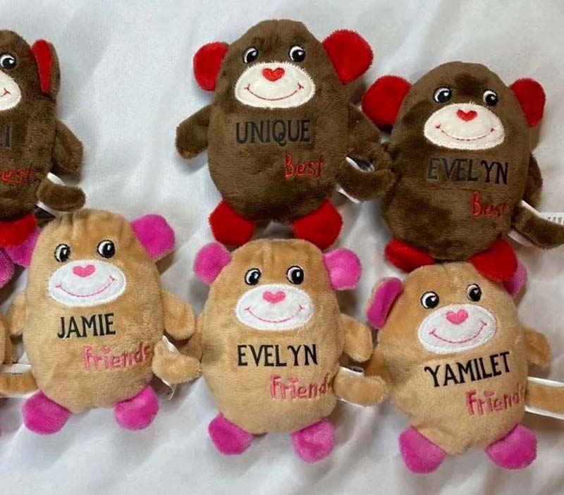 A collection of personalized monkey plush toys in brown and beige colors, each embroidered with individual names and words like “Best” and “Friends,” featuring soft plush fabric and bright accent details, ideal for custom stuffed animal gifts, friendship keepsakes, or personalized plush toy collections.