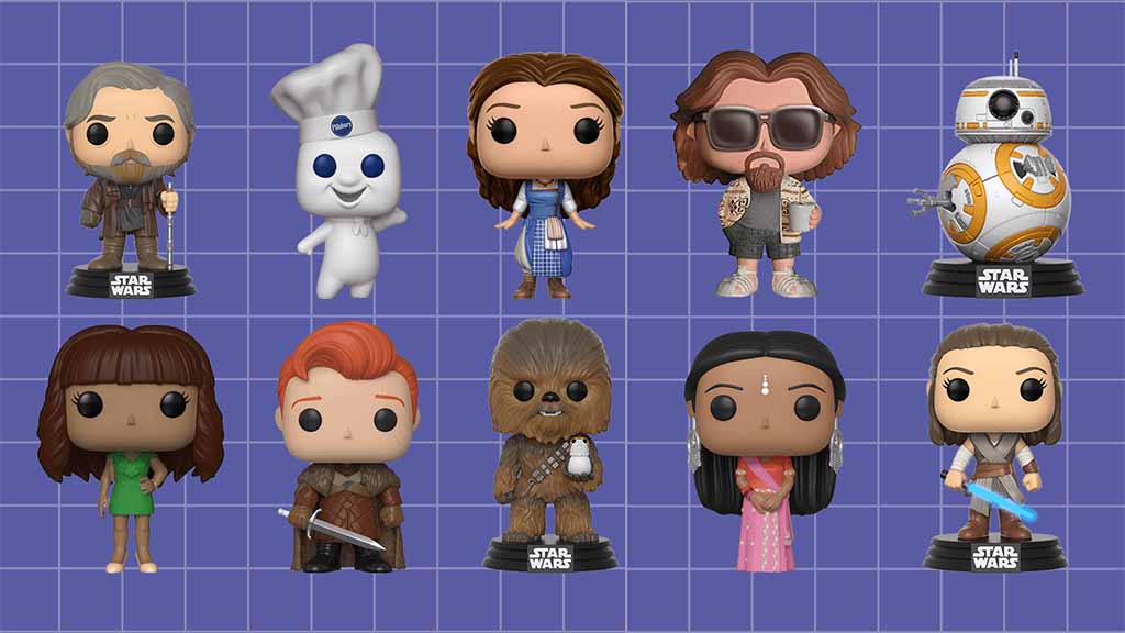 A lineup of various Funko Pop vinyl figures, including Star Wars characters, movie icons, and pop culture personalities, arranged in two rows against a blue grid background.