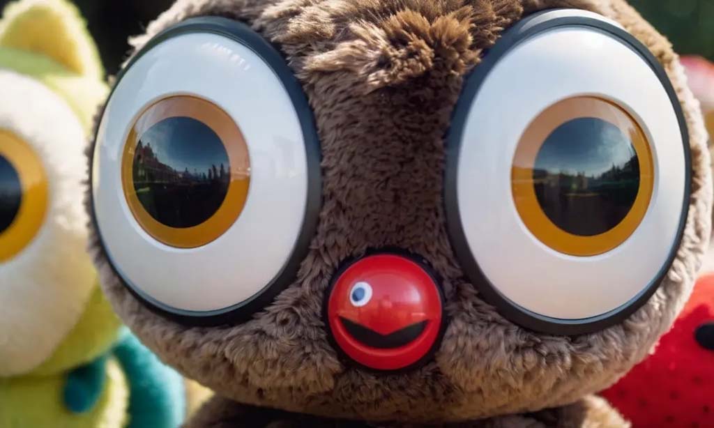 Close-up of a plush toy with oversized round eyes, brown fuzzy fabric, and a small red smiling nose.