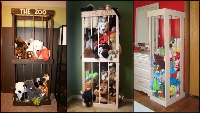 DIY stuffed animal zoo storage towers made from wooden frames and vertical bars, displaying multiple plush toys neatly organized in tall child-friendly bedroom cabinets.