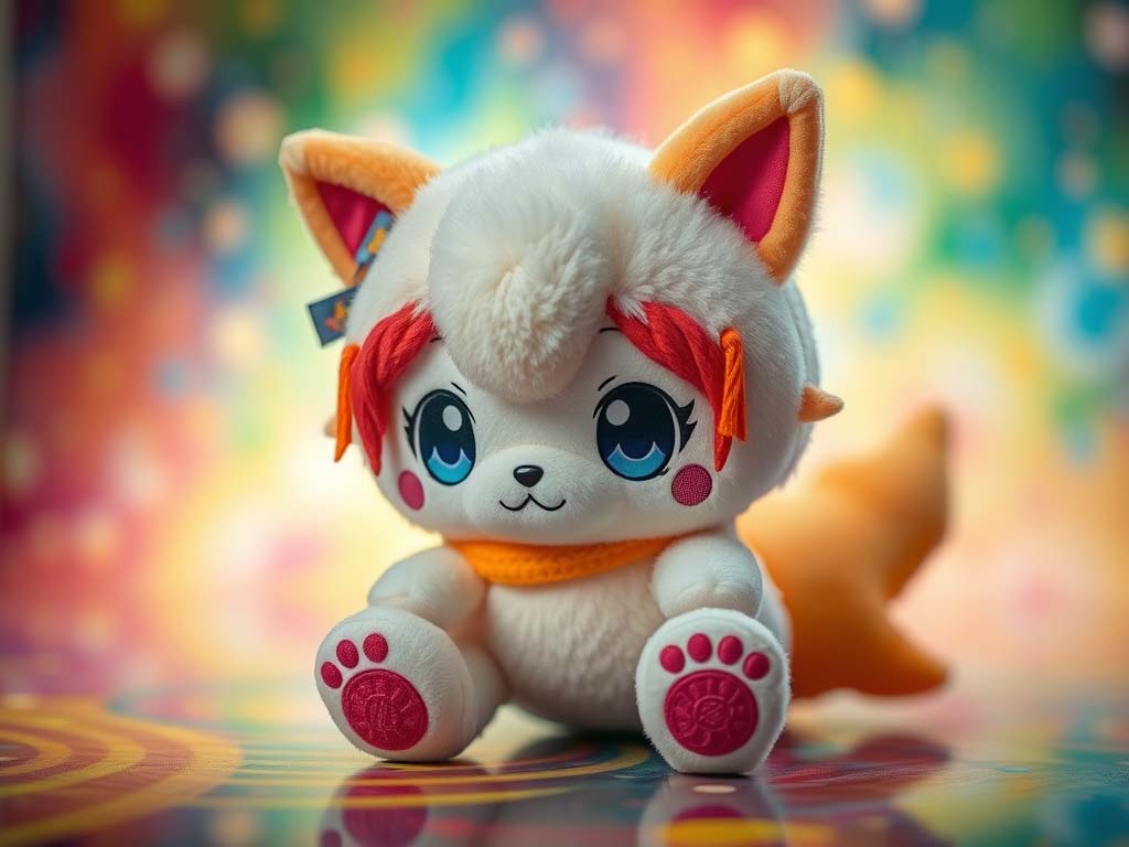 Cute custom fox plush toy with large embroidered eyes, soft white and orange faux fur, pink paw embroidery, and colorful background, showcasing premium plush toy design, character detailing, and high-quality manufacturing for custom stuffed animal production.