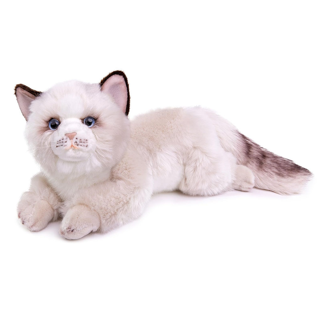 A realistic ragdoll cat plush toy with soft cream fur, blue eyes, detailed whisker embroidery, and a shaded fluffy tail, posed lying down on a white background.