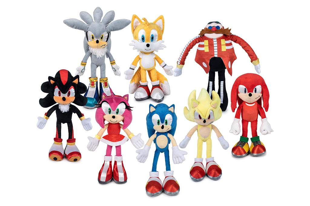 Full lineup of licensed hedgehog character plush toys featuring multiple character silhouettes, precise color matching, embroidered facial details, articulated limb construction, and consistent scale control, showcasing professional licensed plush manufacturing, multi-character set production, and OEM quality consistency for entertainment merchandise.