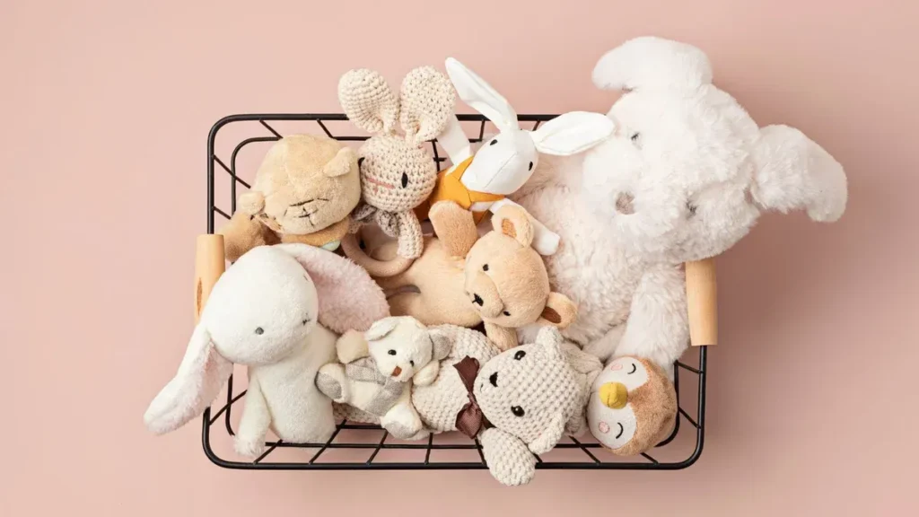 A wire basket filled with soft neutral-colored plush toys and handmade crocheted animals, including bunnies, bears, and a penguin, arranged on a pastel pink background.