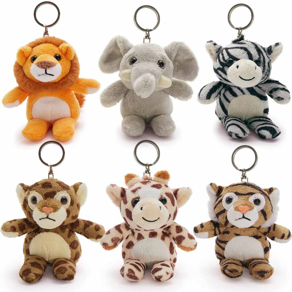 Set of jungle animal plush keychains including lion, elephant, zebra, giraffe, and tiger.