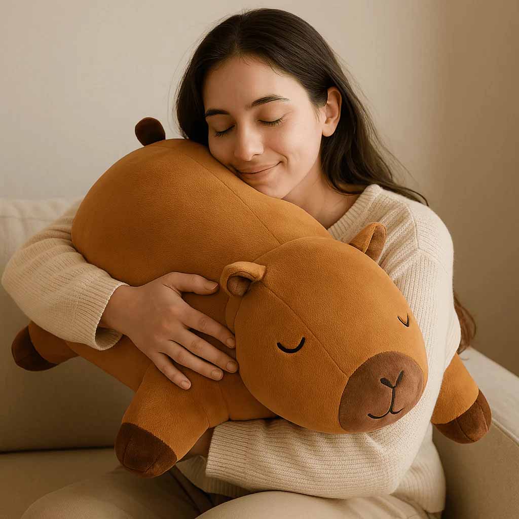 A woman hugging a large brown capybara plush toy indoors, highlighting oversized plush design, soft fabric texture, and comfort-focused construction suitable for stress-relief plush products, gift markets, and OEM plush toy manufacturing inspiration.