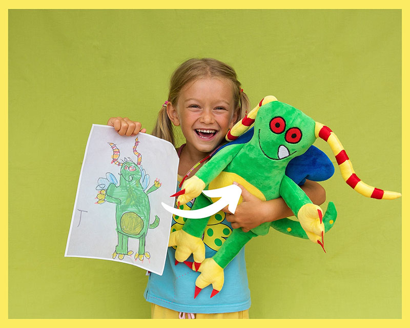 Smiling child holding a custom plush toy created from her original drawing, showing the transformation from kids artwork to personalized handmade plush toy.