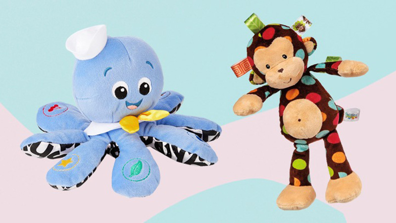 Two soft sensory plush toys designed for babies, featuring bright colors, varied textures, and tag elements that support tactile exploration, early sensory development, and safe infant play.