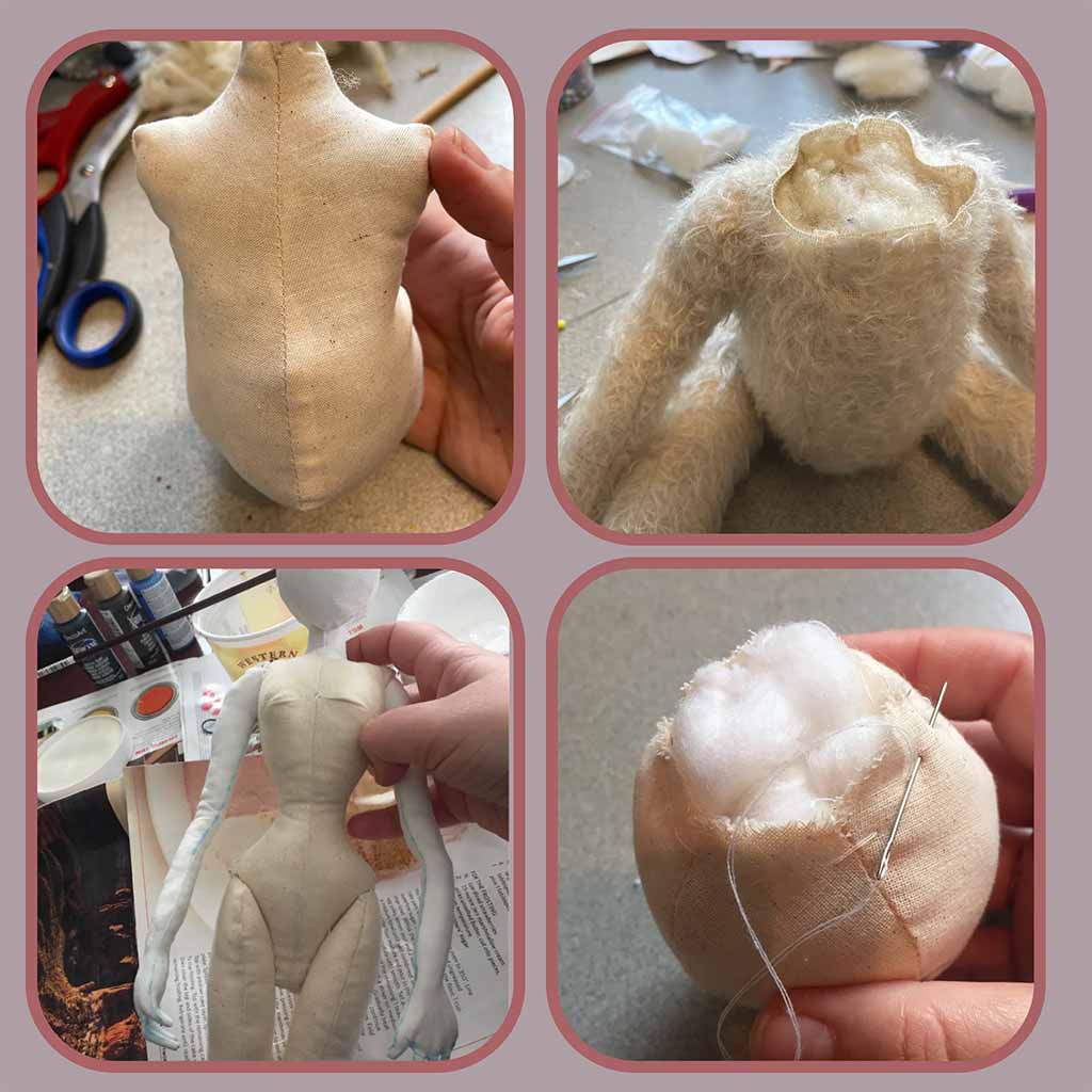 A collage showing different stages of handmade plush doll construction, including sewing the fabric body, attaching limbs, stuffing the torso, and closing seams with a needle and thread.
