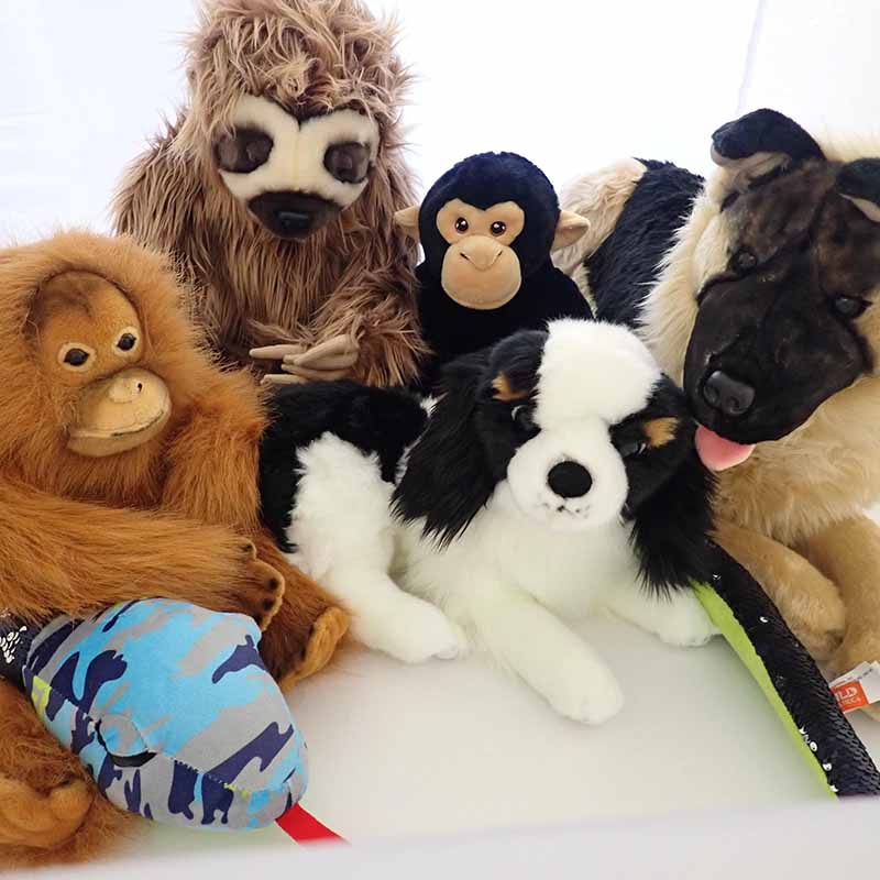 Group of weighted animal plush toys including sloth, monkey, dog, and horse, designed for calming sensory support, emotional comfort, and durable plush toy construction.