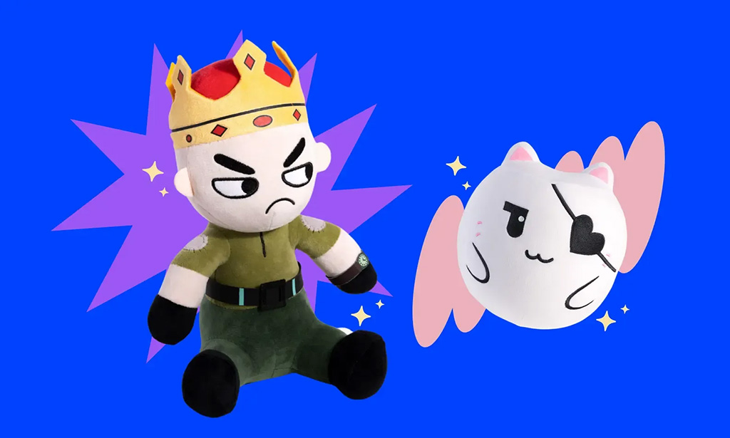 Two cartoon-style plush toys on a bright blue background: one wearing a crown and uniform, the other a round white cat with an eye patch and pink accents.