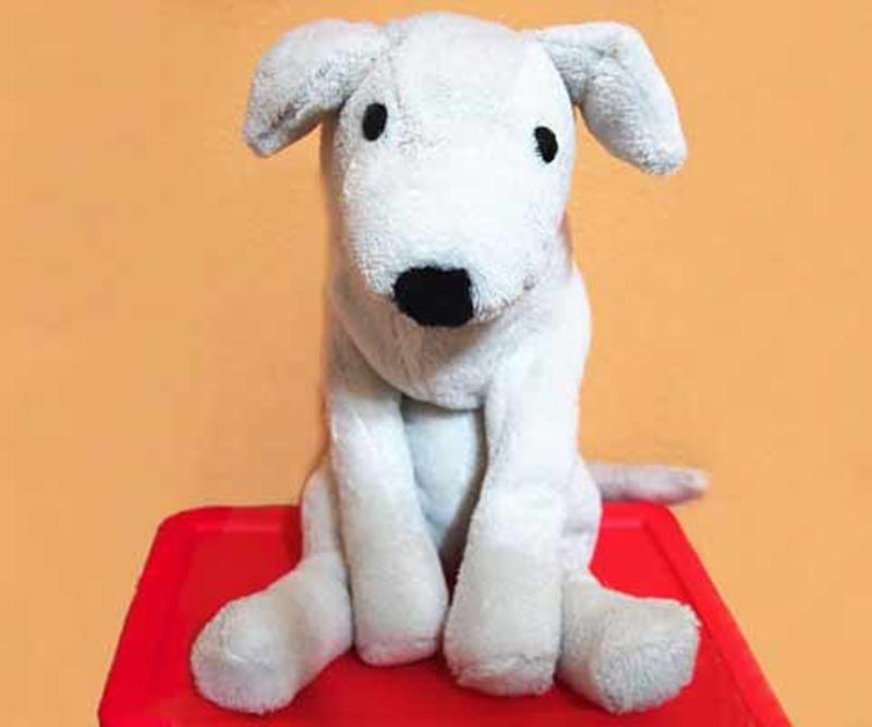 Soft white puppy plush toy sitting upright on a red surface against an orange background, featuring floppy ears, black eyes, and a black nose.