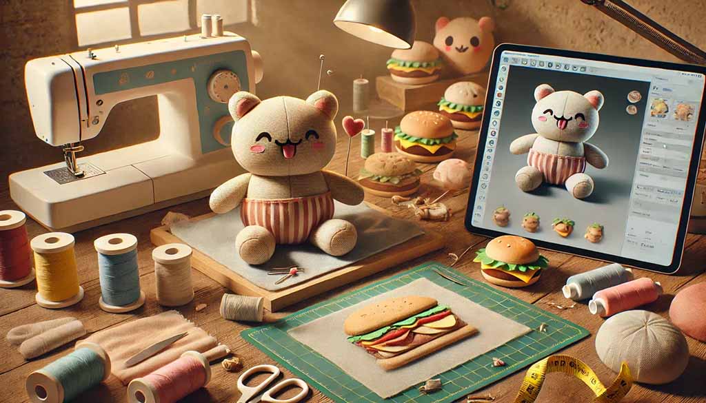 A cozy plush toy workshop featuring a sewing machine, colorful spools of thread, fabric pieces, and a half-finished bear plush. A digital tablet displays the 3D plush design, while tools like scissors, needles, stuffing, and pattern pieces are arranged neatly on the wooden table.