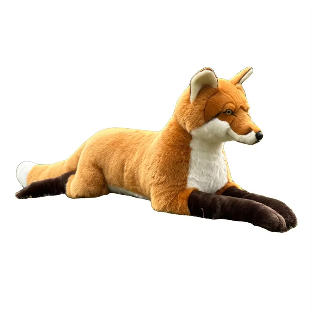 A large, lifelike fox plush toy lying in a stretched position, featuring soft orange fur, white chest accents, dark brown legs, and detailed facial features on a clean white background.