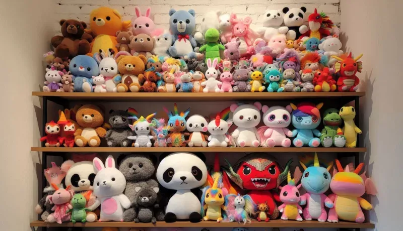 Shelves filled with colorful plush toys including animals and characters.