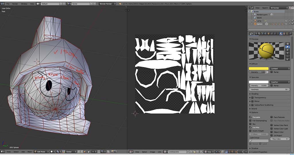 3D plush toy head model shown in Blender software with wireframe mesh and UV texture mapping, illustrating the digital design and pattern development stage used in professional plush toy manufacturing.