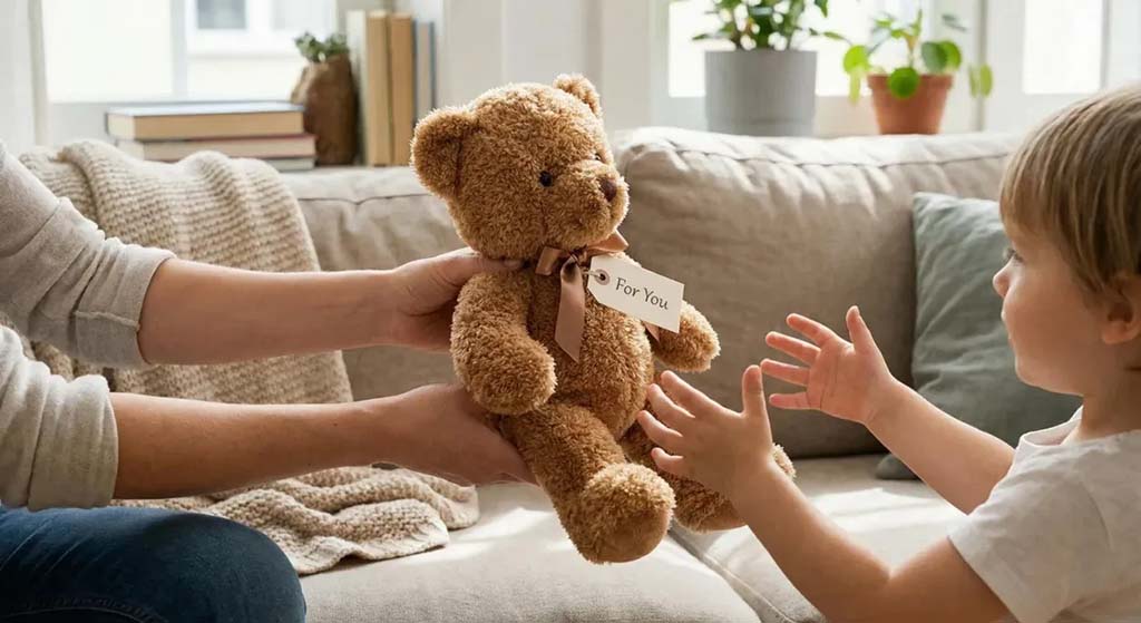 Adult hands giving a brown teddy bear with a ‘For You’ tag to a young child reaching out on a living room sofa