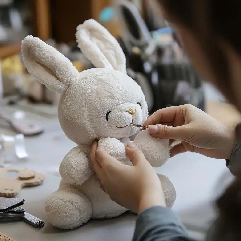 A worker carefully stitching the mouth details on a soft white bunny plush toy during assembly.