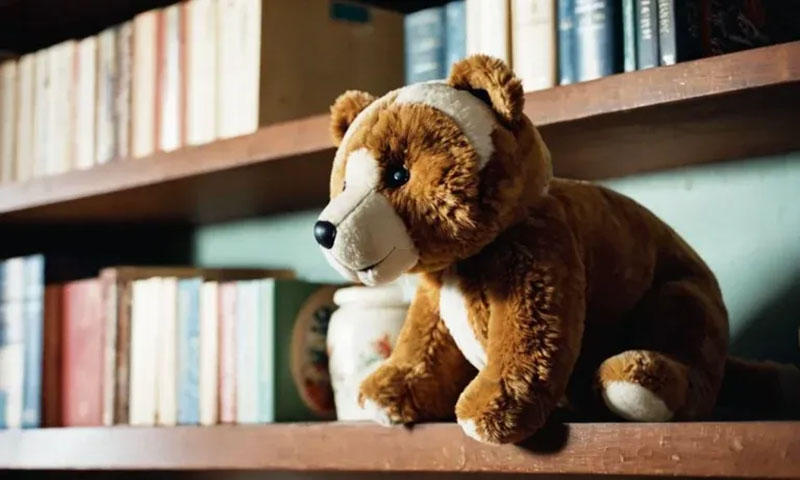 A brown teddy bear plush placed on a wooden bookshelf, suggesting a discontinued or vintage stuffed animal style, with classic design details and soft fabric texture appealing to collectors, gift buyers, and plush toy manufacturers researching legacy designs.
