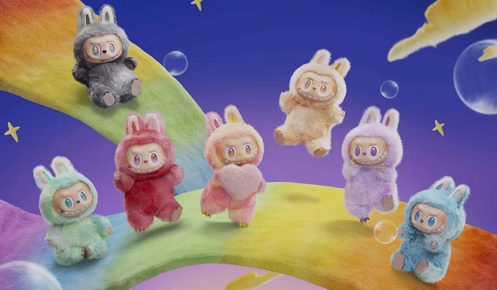 A colorful lineup of POP Mart bunny monster plush figures displayed on a rainbow background, featuring characters in grey, red, pink, cream, lavender, turquoise, and blue, floating playfully with bubbles and stars.