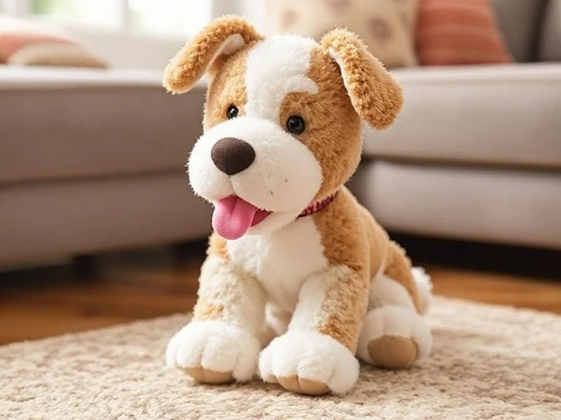 Soft brown and white plush dog toy with floppy ears and a pink tongue, sitting on a carpet in a cozy living room setting.