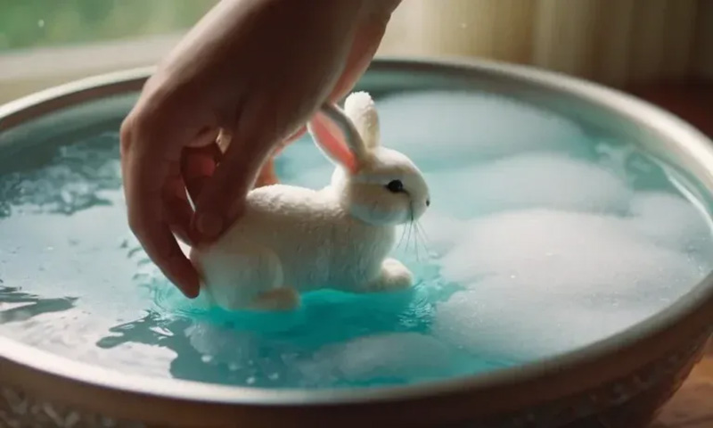Hand gently washing a white bunny stuffed animal in a bowl of water.
