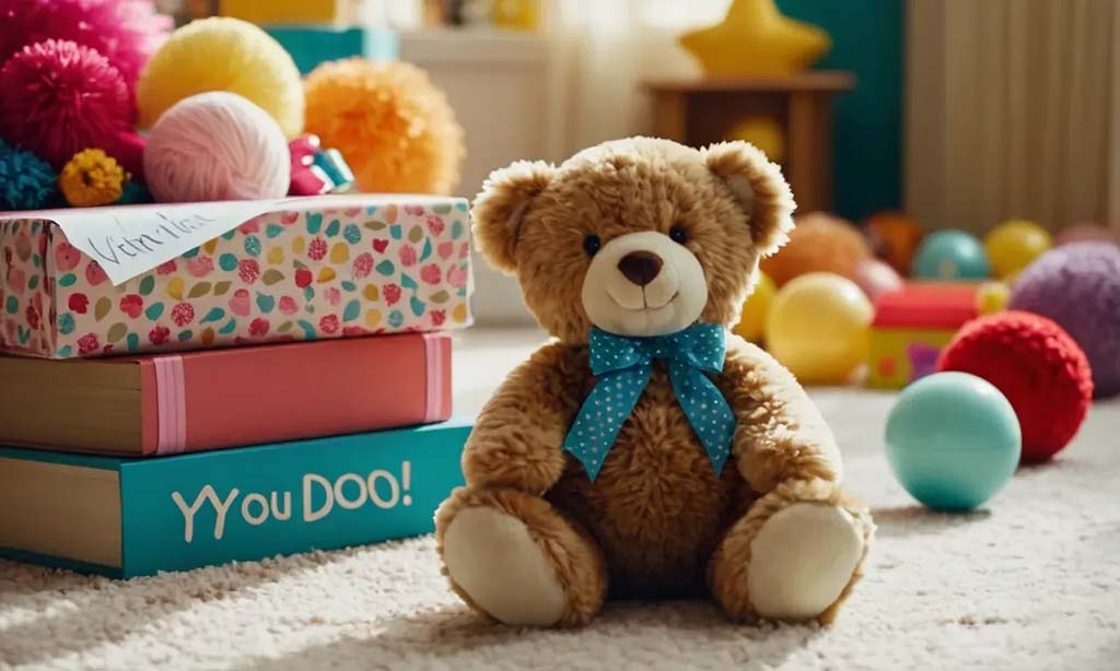 A brown teddy bear with a blue polka-dot bow sitting on a carpeted floor surrounded by toys, books, and colorful decorations.