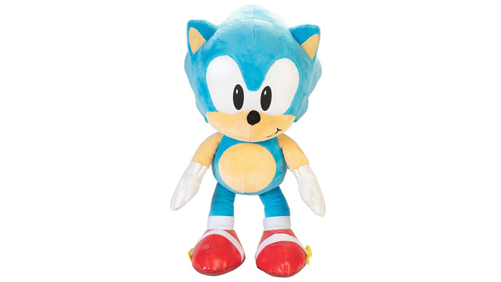 Licensed blue hedgehog character plush toy featuring precise color blocking, embroidered facial features, soft short-pile plush fabric, structured head shaping, padded body construction, and reinforced footwear details, demonstrating professional licensed plush manufacturing, character accuracy control, and OEM quality standards for entertainment merchandise.