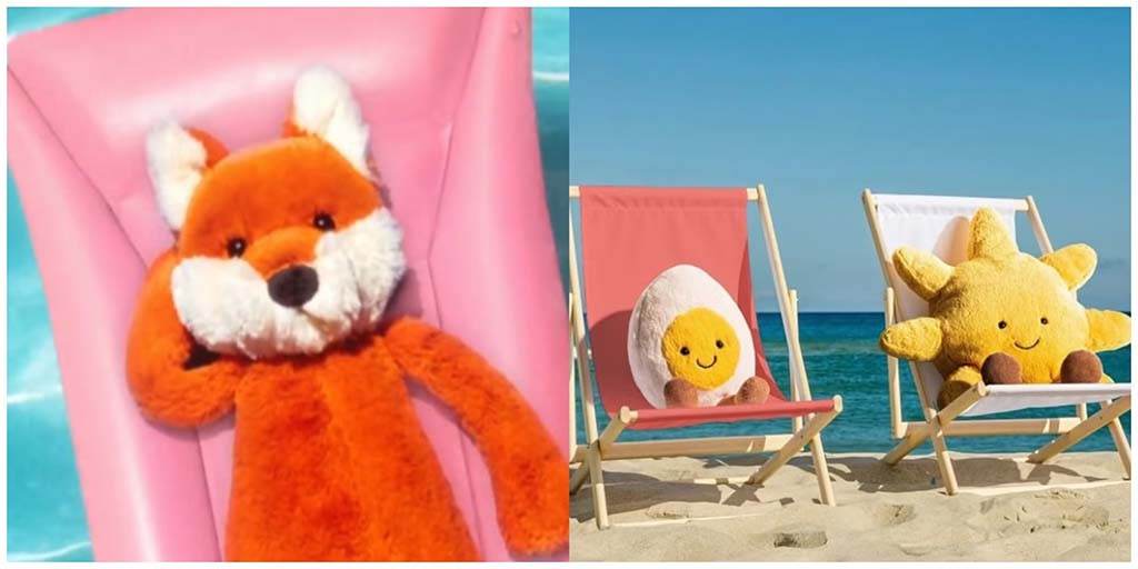 Collage of plush toys enjoying summer scenes, featuring an orange fox relaxing on a pink pool float and two cute plush characters—a smiling egg and a cheerful sun—sitting on beach chairs by the ocean.