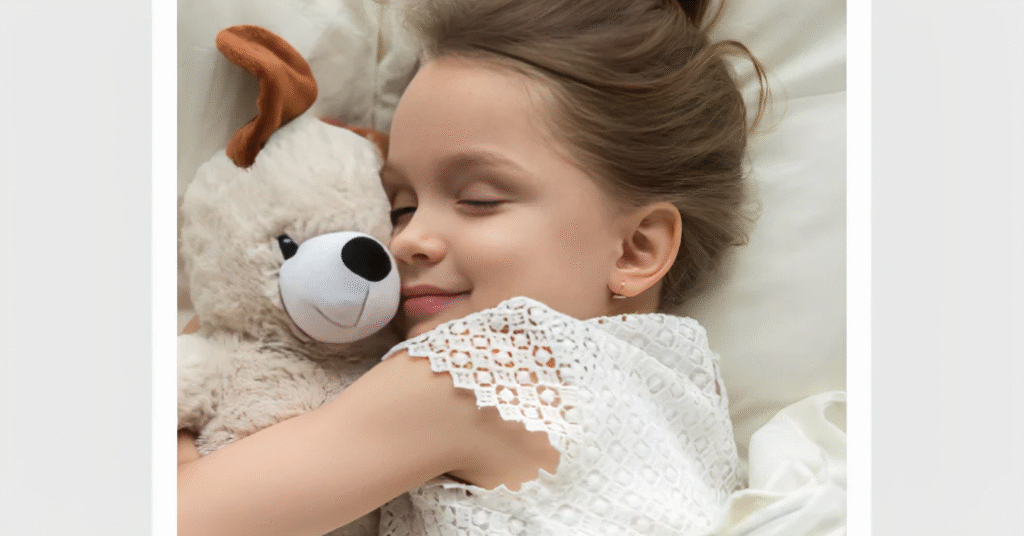 Young girl sleeping while hugging a soft teddy bear plush.