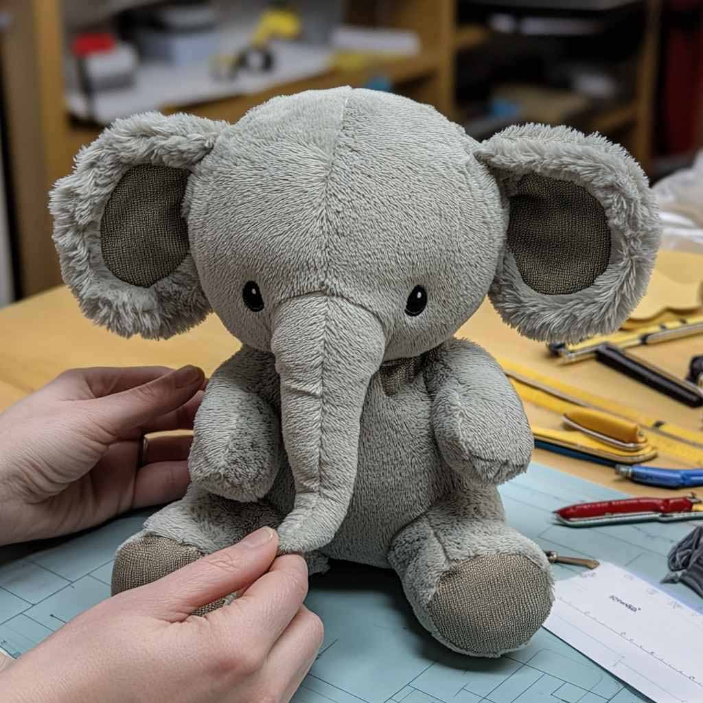 Hands adjusting a grey elephant plush toy during a quality control check in a toy workshop.