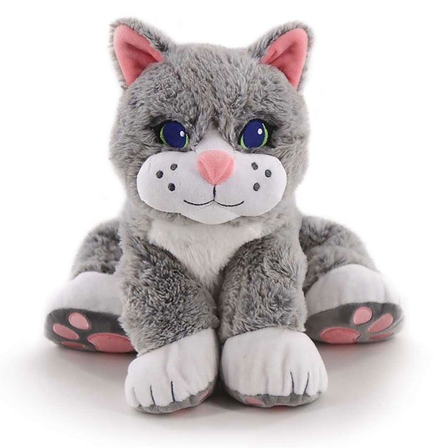 Gray plush cat toy with blue eyes and pink paws.
