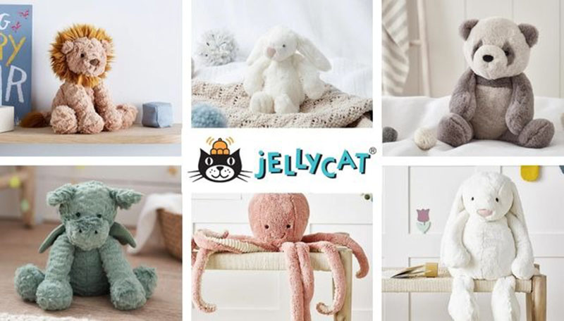 A collage of Jellycat plush toys including a lion, bunny, panda, dragon, octopus, and another bunny, arranged in cozy home settings.