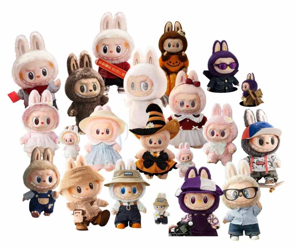 A large collection of Labubu plush dolls from multiple series, displayed together in various outfits and themes, including winter coats, vintage clothing, witches, bunnies, sportswear, and character costumes. Each Labubu figure features the signature big-eyed expression, bunny ears, and soft plush textures in assorted colors.