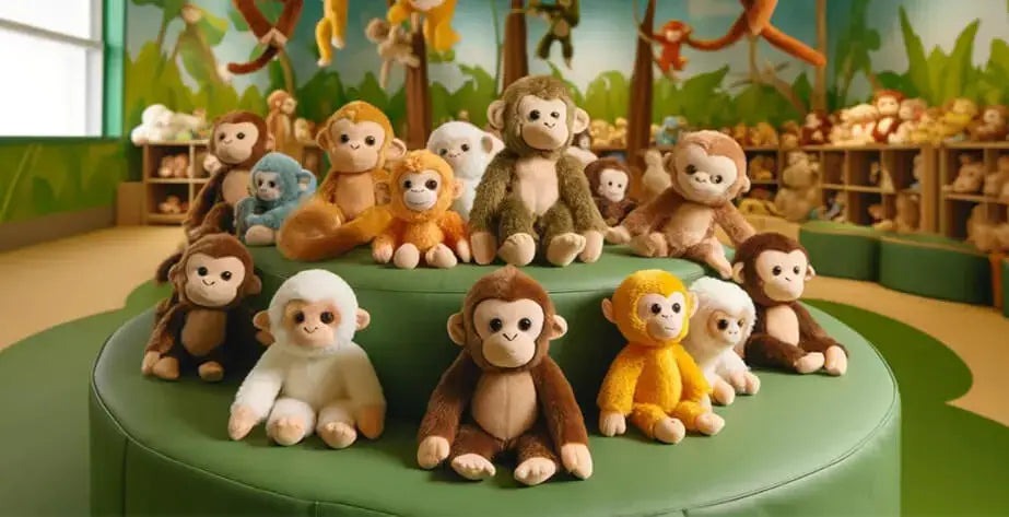 A large display of monkey plush toys in various colors, arranged on green tiered seating inside a jungle-themed toy store, with additional stuffed animals visible on shelves in the background.