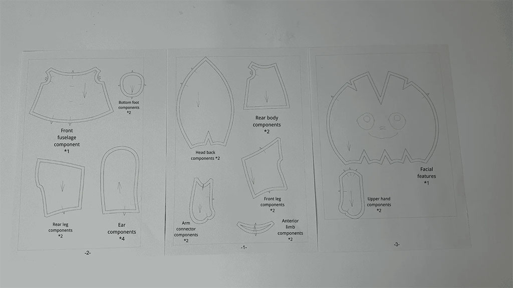 Three sheets of plush toy sewing patterns displayed on a table, showing labeled components such as front fuselage, rear body, ears, legs, arms, facial features, and foot pieces, each with cutting quantities and directional arrows.
